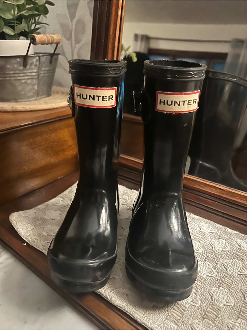 HUNTER Classic High Gloss Preppy Riding Outdoor Rain Boots Black Kid's Sz 8‎ GUC